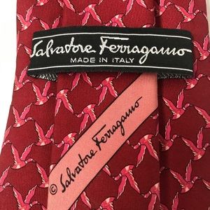Silk Tie Birds FERRAGAMO Red with Pink & White Birds Tie Made in Italy Luxury
